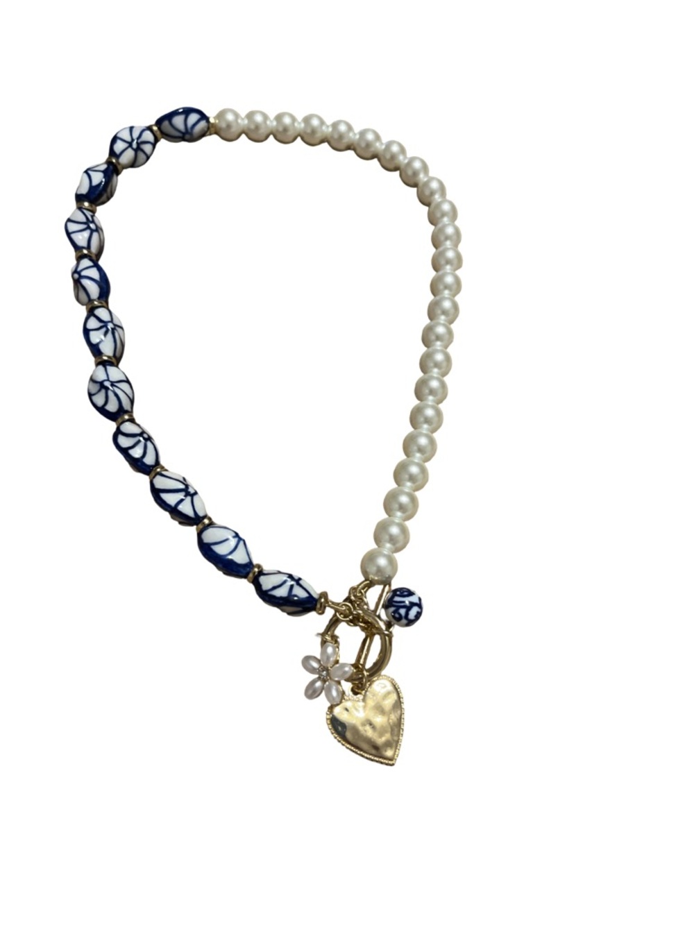 Blue White Porcelain Bead & Pearl Toggle Necklace Gold Heart Charm Coastal